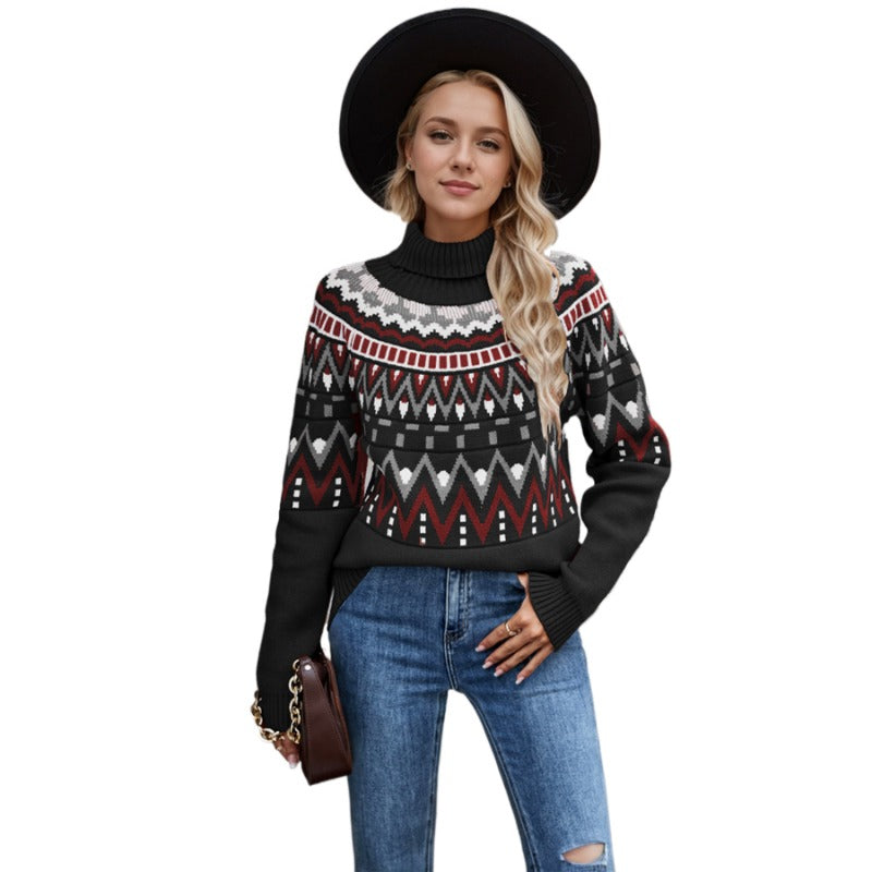 Wholesale Retro Striped Stitching Contrast Color Sweater Turtleneck Loose Knit Cardigan